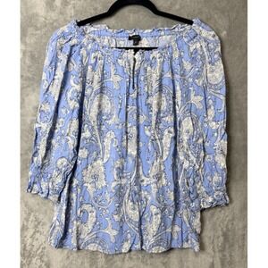 Talbots Womens Blue White Paisley Viscose Peasant Blouse 3/4 Sleeve Size M